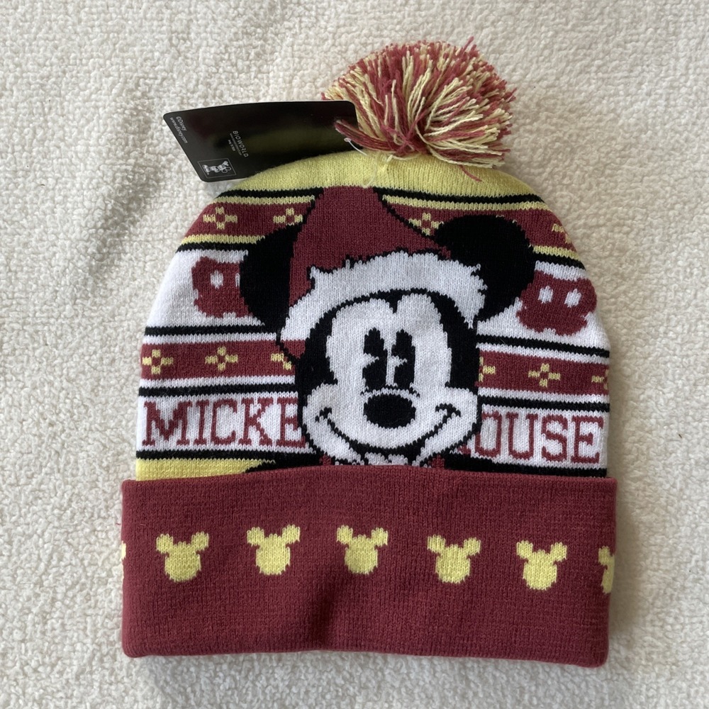 New With Tags Disney Unisex Mickey Mouse‎ Beanie Red Fair Isle Santa Hat Pom Pom